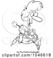 Cartoon Black And White Outline Design Of A Woman Running With Dynamite