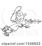 Poster, Art Print Of Cartoon Black And White Outline Design Of A Woman Using A Power Drill