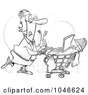Royalty Free RF Clip Art Illustration Of A Cartoon Black And White Outline Design Of A Homeless Woman Pushing A Laptop On Her Cart by toonaday