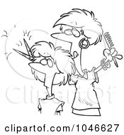 Cartoon Black And White Outline Design Of A Woman Cutting Hair At A Salon
