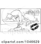 Royalty Free RF Clip Art Illustration Of A Cartoon Black And White Outline Design Of A Beach Woman On A Post Card