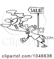 Poster, Art Print Of Cartoon Black And White Outline Design Of A Woman Following Sale Signs