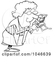 Poster, Art Print Of Cartoon Black And White Outline Design Of A Granny Using A Polaroid Camera