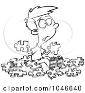 Royalty Free RF Clip Art Illustration Of A Cartoon Black And White Outline Design Of A Confused Boy With Similar Puzzle Pieces