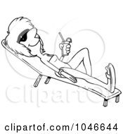 Royalty Free RF Clip Art Illustration Of A Cartoon Black And White Outline Design Of A Woman Sun Bathing With A Beverage by toonaday