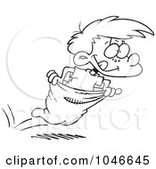 Royalty Free RF Clip Art Illustration Of A Cartoon Black And White Outline Design Of A Boy Hopping In A Sack Race