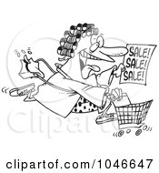 Royalty Free RF Clip Art Illustration Of A Cartoon Black And White Outline Design Of A Woman In Her Robe And Curlers Running To A Sale