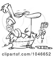 Cartoon Black And White Outline Design Of A Man Calling A Plumber