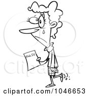 Royalty Free RF Clip Art Illustration Of A Cartoon Black And White Outline Design Of A Sad Businesswoman Holding A Pink Slip