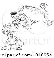 Cartoon Black And White Outline Design Of A Saber Tooth Tiger Attacking A Caveman