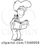 Royalty Free RF Clip Art Illustration Of A Cartoon Black And White Outline Design Of A Woman Reading A Policy Book