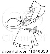 Poster, Art Print Of Cartoon Black And White Outline Design Of A Lady Pilgrim Serving A Turkey