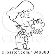 Poster, Art Print Of Cartoon Black And White Outline Design Of A Businesswoman Holding A Puzzle Piece