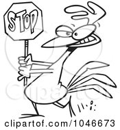 Poster, Art Print Of Cartoon Black And White Outline Design Of A Rooster Carrying A Stop Sign