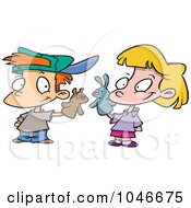 Cartoon Boy And Girl Playing With Puppets