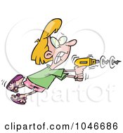 Cartoon Woman Using A Power Drill