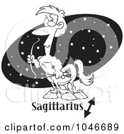 Poster, Art Print Of Cartoon Black And White Outline Design Of A Sagittarius Centaur Over A Black Oval