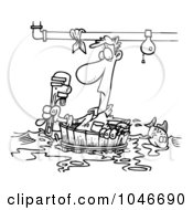 Cartoon Black And White Outline Design Of A Plumber Floating In A Barrel