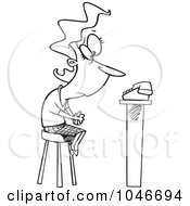 Poster, Art Print Of Cartoon Black And White Outline Design Of A Woman Waiting By A Phone