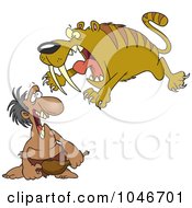Poster, Art Print Of Cartoon Saber Tooth Tiger Attacking A Caveman