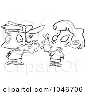 Royalty Free RF Clip Art Illustration Of A Cartoon Black And White Outline Design Of A Boy And Girl Playing With Puppets
