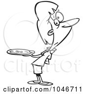 Royalty Free RF Clip Art Illustration Of A Cartoon Black And White Outline Design Of A Hungry Woman Holding A Plate With Three Peas