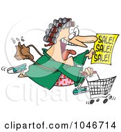 Cartoon Woman In Her Robe And Curlers Running To A Sale