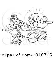 Royalty Free RF Clip Art Illustration Of A Cartoon Black And White Outline Design Of A Woman Power Shopping On Roller Blades by toonaday