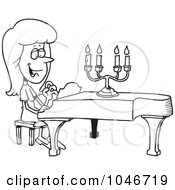 Cartoon Black And White Outline Design Of A Woman Playing A Piano