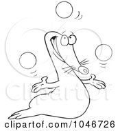 Royalty Free RF Clip Art Illustration Of A Cartoon Black And White Outline Design Of A Juggling Seal by toonaday
