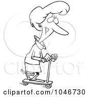 Poster, Art Print Of Cartoon Black And White Outline Design Of A Woman Riding A Scooter