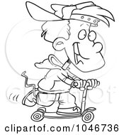 Royalty Free RF Clip Art Illustration Of A Cartoon Black And White Outline Design Of A Boy Riding A Scooter by toonaday