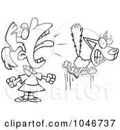 Royalty Free RF Clip Art Illustration Of A Cartoon Black And White Outline Design Of A Girl Screaming At A Cat