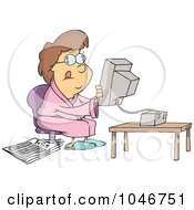 Royalty Free RF Clip Art Illustration Of A Cartoon Woman Holding A Computer Monitor And Searching by toonaday
