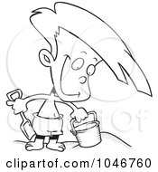 Royalty Free RF Clip Art Illustration Of A Cartoon Black And White Outline Design Of A Boy Playing In The Sand