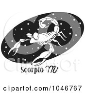 Poster, Art Print Of Cartoon Black And White Outline Design Of A Scorpio Scorpion Over A Black Oval