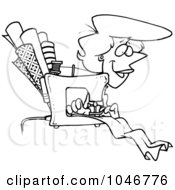 Cartoon Black And White Outline Design Of A Seamstress Sewing