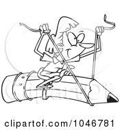 Royalty Free RF Clip Art Illustration Of A Cartoon Black And White Outline Design Of A Businesswoman Riding A Pencil