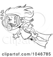 Poster, Art Print Of Cartoon Black And White Outline Design Of A Scuba Girl Swimming