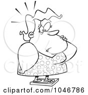 Poster, Art Print Of Cartoon Black And White Outline Design Of A Worried Woman Standing On A Scale