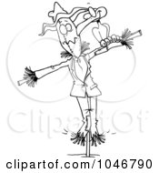 Royalty Free RF Clip Art Illustration Of A Cartoon Black And White Outline Design Of A Crow On A Scarecrow by toonaday