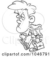 Royalty Free RF Clip Art Illustration Of A Cartoon Black And White Outline Design Of A Depressed School Boy Holding An Apple