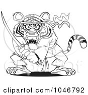 Poster, Art Print Of Cartoon Black And White Outline Design Of A Samurai Tiger With A Sword