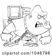 Royalty Free RF Clip Art Illustration Of A Cartoon Black And White Outline Design Of A Computer Security Gorilla by toonaday