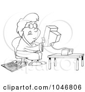 Poster, Art Print Of Cartoon Black And White Outline Design Of A Woman Holding A Computer Monitor And Searching