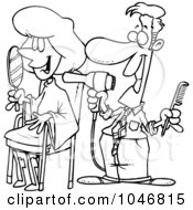 Cartoon Black And White Outline Design Of A Man Working On A Female Client At A Salon