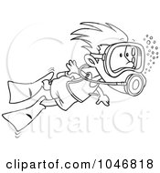 Poster, Art Print Of Cartoon Black And White Outline Design Of A Scuba Diving Boy