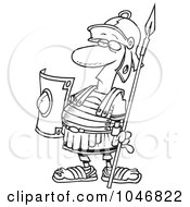 Royalty Free RF Clip Art Illustration Of A Cartoon Black And White Outline Design Of A Centurion Guard by toonaday