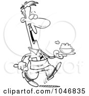 Poster, Art Print Of Cartoon Black And White Outline Design Of A Waiter Serving A Cappuccino