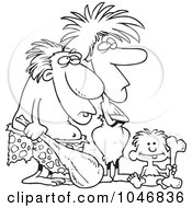 Royalty Free RF Clip Art Illustration Of A Cartoon Black And White Outline Design Of A Caveman Dad Mom And Son